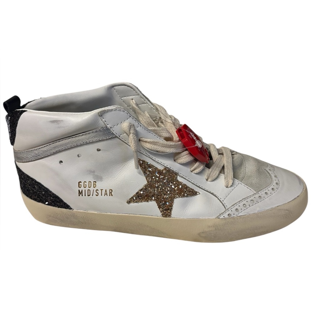 Golden Goose Mid Star White Sneakers with Gold Star and Dark Brown Glitter Heel - Picture 4 of 16